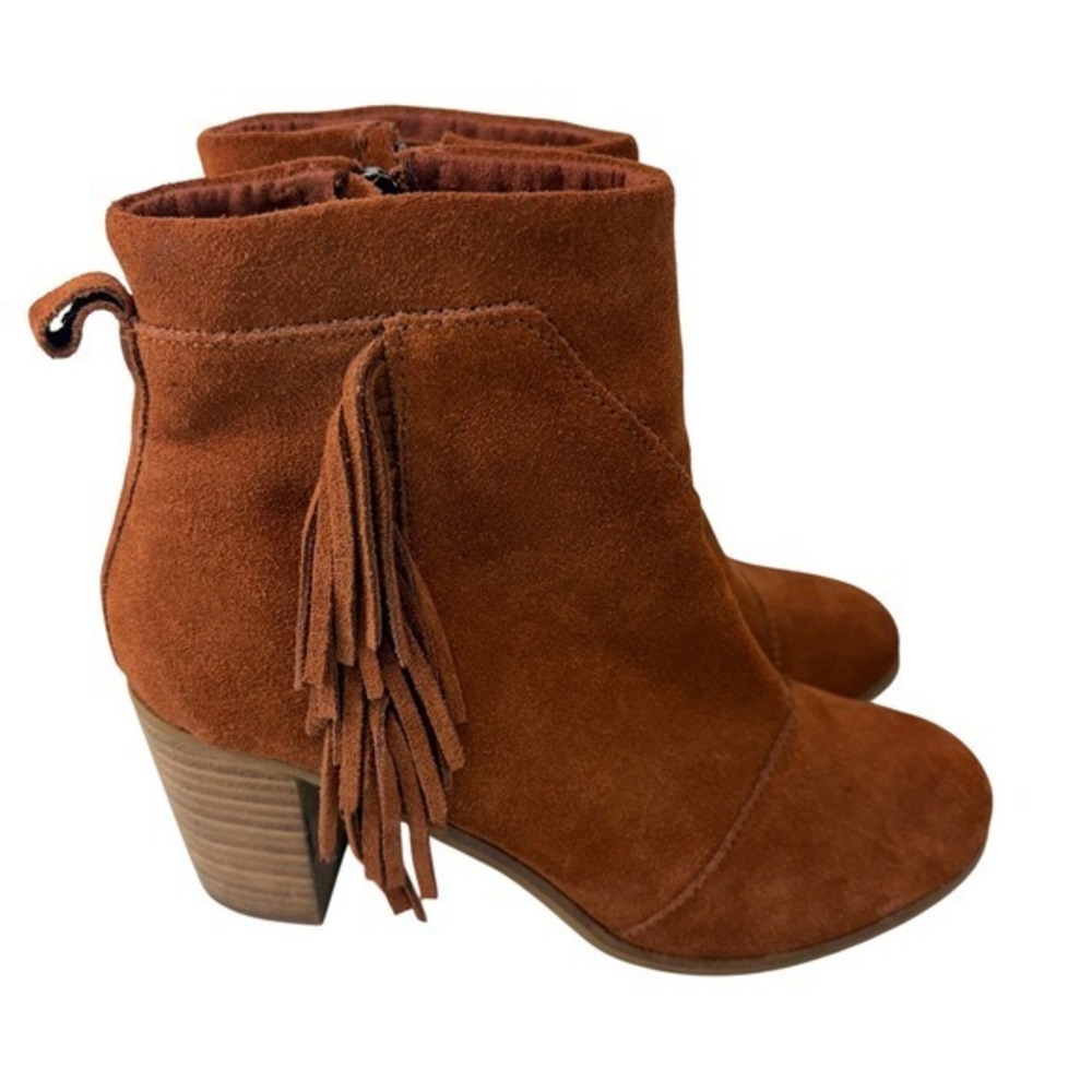 TOMS Womens 6.5 Brown Suede Ankle Boots Fringe‎ Tassel Block Heel